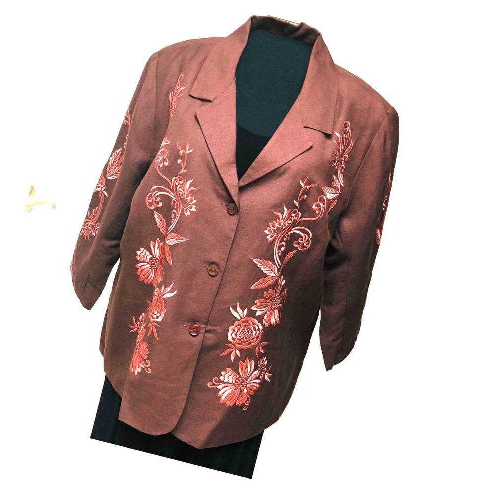 Victor Costa Brown Linen Blend Blazer Embroidered Lined Career Church Women's 3X